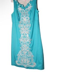 Lilly Pulitzer Teal White Embroidered Cotton Dress Size 10 Summer Resort